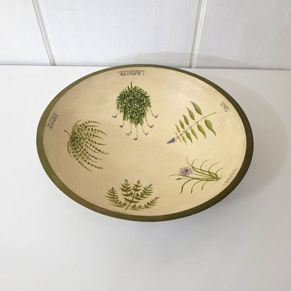 Vintage Other - Hand Painted Folk Art Dough Bowl with Herbs